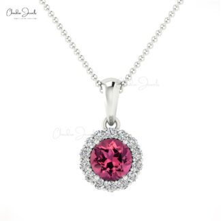 Brilliant Cut Dangle Pendant In 14k Solid Gold Pink Tourmaline And Diamond Halo Necklace