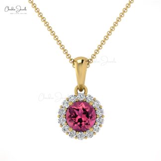 Brilliant Cut Dangle Pendant In 14k Solid Gold Pink Tourmaline And Diamond Halo Necklace
