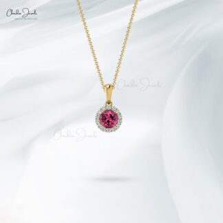 Brilliant Cut Dangle Pendant In 14k Solid Gold Pink Tourmaline And Diamond Halo Necklace