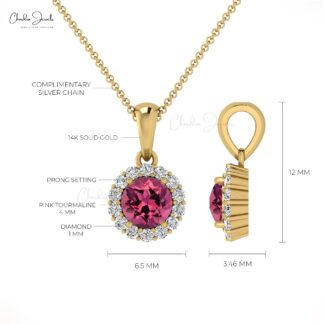Brilliant Cut Dangle Pendant In 14k Solid Gold Pink Tourmaline And Diamond Halo Necklace