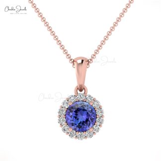 Solid 14k Gold Halo Pendant With 4mm Round Tanzanite And Diamond Unique Bridal Necklace