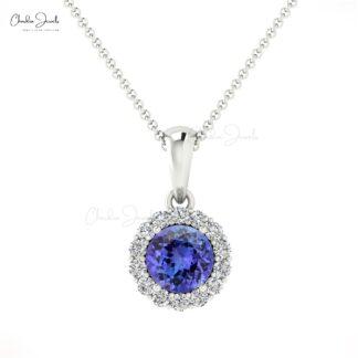 Solid 14k Gold Halo Pendant With 4mm Round Tanzanite And Diamond Unique Bridal Necklace