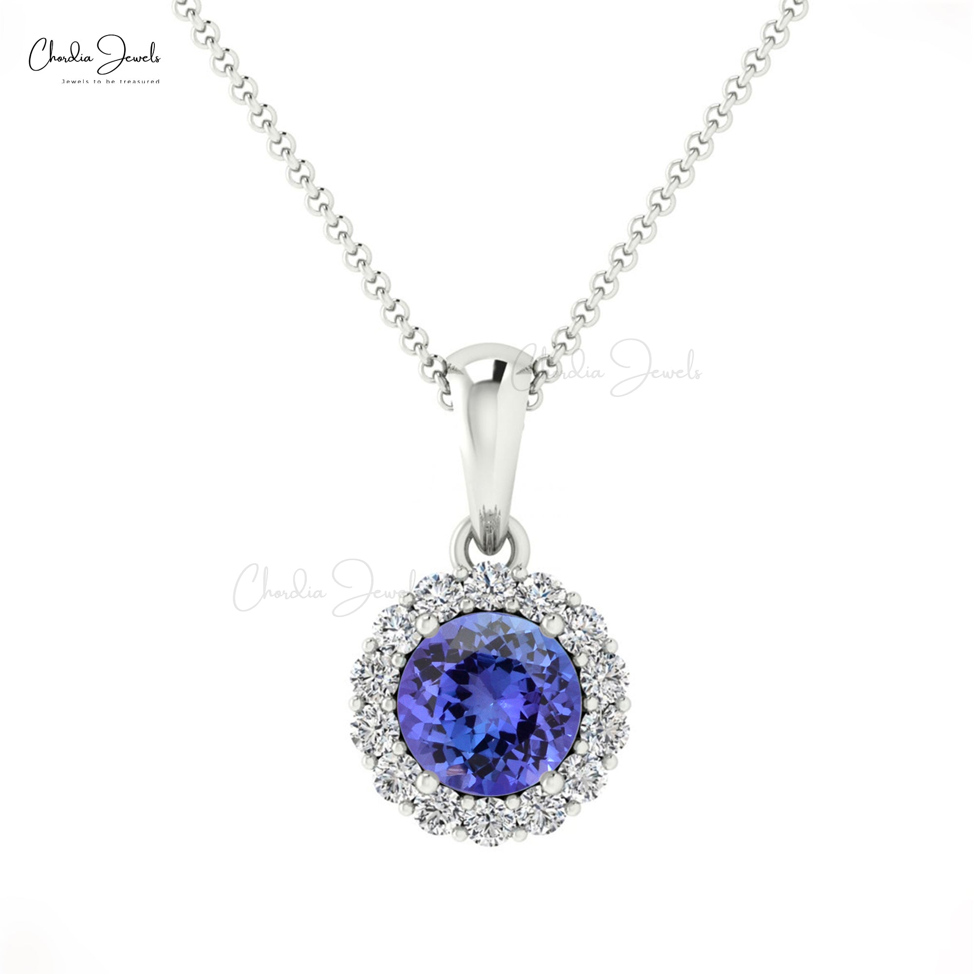 Solid 14k Gold Halo Pendant With 4mm Round Tanzanite And Diamond Unique Bridal Necklace