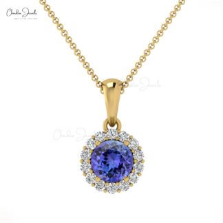 Solid 14k Gold Halo Pendant With 4mm Round Tanzanite And Diamond Unique Bridal Necklace