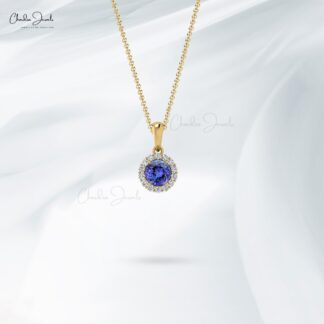Solid 14k Gold Halo Pendant With 4mm Round Tanzanite And Diamond Unique Bridal Necklace