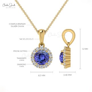 Solid 14k Gold Halo Pendant With 4mm Round Tanzanite And Diamond Unique Bridal Necklace