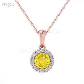 Solid 14k Gold Halo Pendant With 4mm Yellow Sapphire Gemstone Wedding Minimalist Jewelry