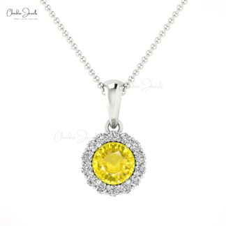 Solid 14k Gold Halo Pendant With 4mm Yellow Sapphire Gemstone Wedding Minimalist Jewelry