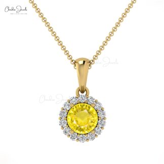 Solid 14k Gold Halo Pendant With 4mm Yellow Sapphire Gemstone Wedding Minimalist Jewelry