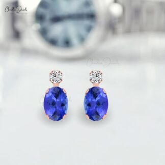 Real 14k Gold Two Stone Earrings With 7x5mm Tanzanite Gemstone And Small Diamond Studs