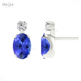 Real 14k Gold Two Stone Earrings With 7x5mm Tanzanite Gemstone And Small Diamond Studs