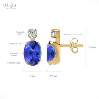 Real 14k Gold Two Stone Earrings With 7x5mm Tanzanite Gemstone And Small Diamond Studs