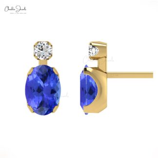 Real 14k Gold Two Stone Earrings With 7x5mm Tanzanite Gemstone And Small Diamond Studs