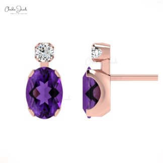 Oval Gemstone Studs In 14k Real Gold Amethyst And G-H Diamond Accented Wedding Earrings