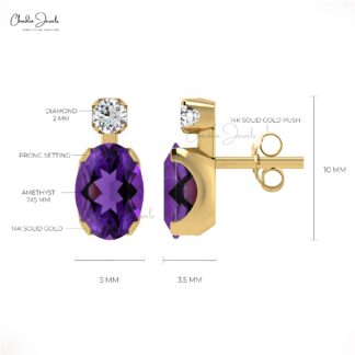 Oval Gemstone Studs In 14k Real Gold Amethyst And G-H Diamond Accented Wedding Earrings