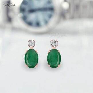 Two Gemstone Stud Earring In 14k Real Gold Oval Emerald And Diamond Push Back earrings