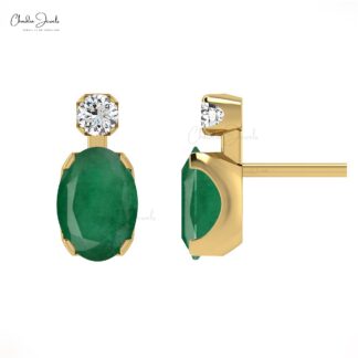 Two Gemstone Stud Earring In 14k Real Gold Oval Emerald And Diamond Push Back earrings