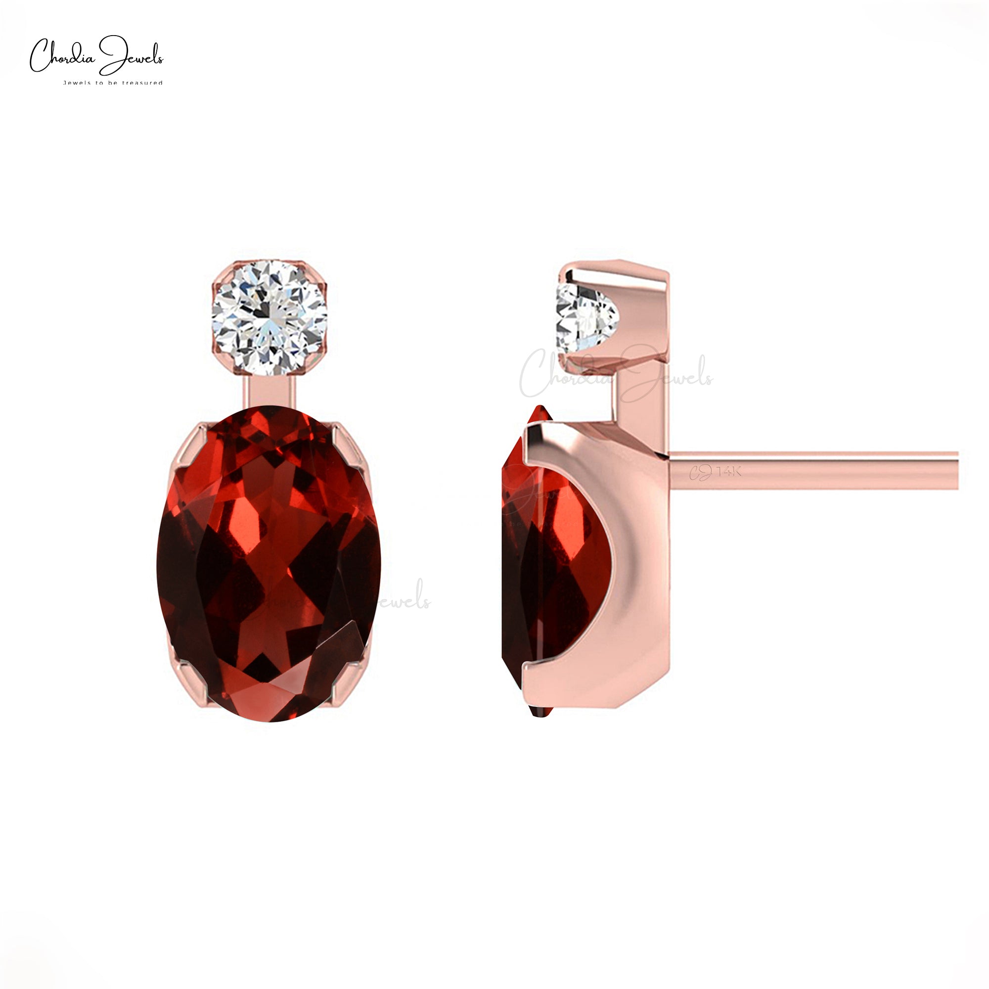 Delicate 2 Stone Earrings With 1.9 Ct Red Garnet Gemstone And Diamond 14k Pure Gold Studs