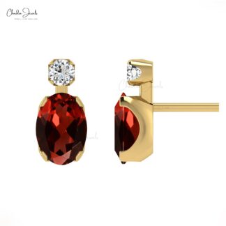 Delicate 2 Stone Earrings With 1.9 Ct Red Garnet Gemstone And Diamond 14k Pure Gold Studs