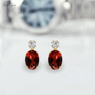 Delicate 2 Stone Earrings With 1.9 Ct Red Garnet Gemstone And Diamond 14k Pure Gold Studs