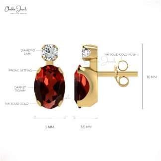 Delicate 2 Stone Earrings With 1.9 Ct Red Garnet Gemstone And Diamond 14k Pure Gold Studs