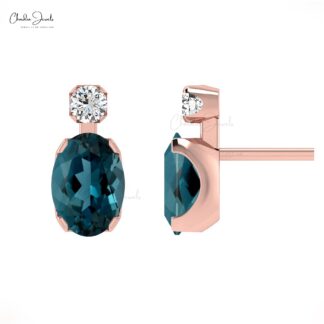 Natural London Blue Topaz Studs 14k Real Gold Diamond Accented Minimal Earrings 7x5mm Oval Gemstone Birthday Gift Earrings