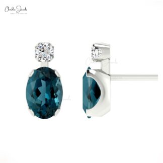 Natural London Blue Topaz Studs 14k Real Gold Diamond Accented Minimal Earrings 7x5mm Oval Gemstone Birthday Gift Earrings