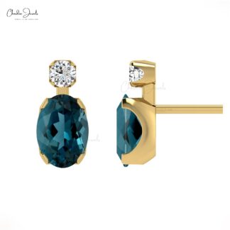 Natural London Blue Topaz Studs 14k Real Gold Diamond Accented Minimal Earrings 7x5mm Oval Gemstone Birthday Gift Earrings