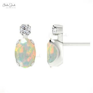 Oval Cut Ethiopian Opal & Real Diamond Accented Stud Earrings In 14K Gold