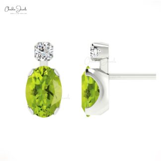 Genuine Peridot 14k Real Gold Diamond Earrings 0.94Ct Oval Gemstone Handmade Earrings Personalized Gift For Women