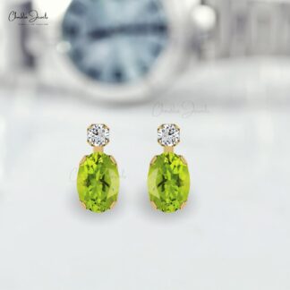 Genuine Peridot 14k Real Gold Diamond Earrings 0.94Ct Oval Gemstone Handmade Earrings Personalized Gift For Women