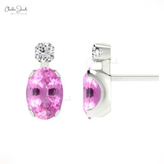 Iconic Pink Sapphire Minimal Earrings 7x5mm Oval Gemstone Fine Jewelry Genuine 14k Real Gold Diamond Earrings For Her
