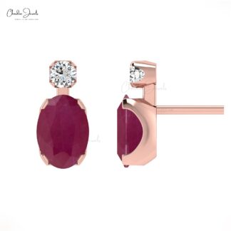 Natural Burma Ruby Oval Cut Studs With Diamond Accents In 14k Pure Gold 2 Stone Earrings