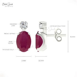Natural Burma Ruby Oval Cut Studs With Diamond Accents In 14k Pure Gold 2 Stone Earrings