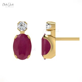 Natural Burma Ruby Oval Cut Studs With Diamond Accents In 14k Pure Gold 2 Stone Earrings