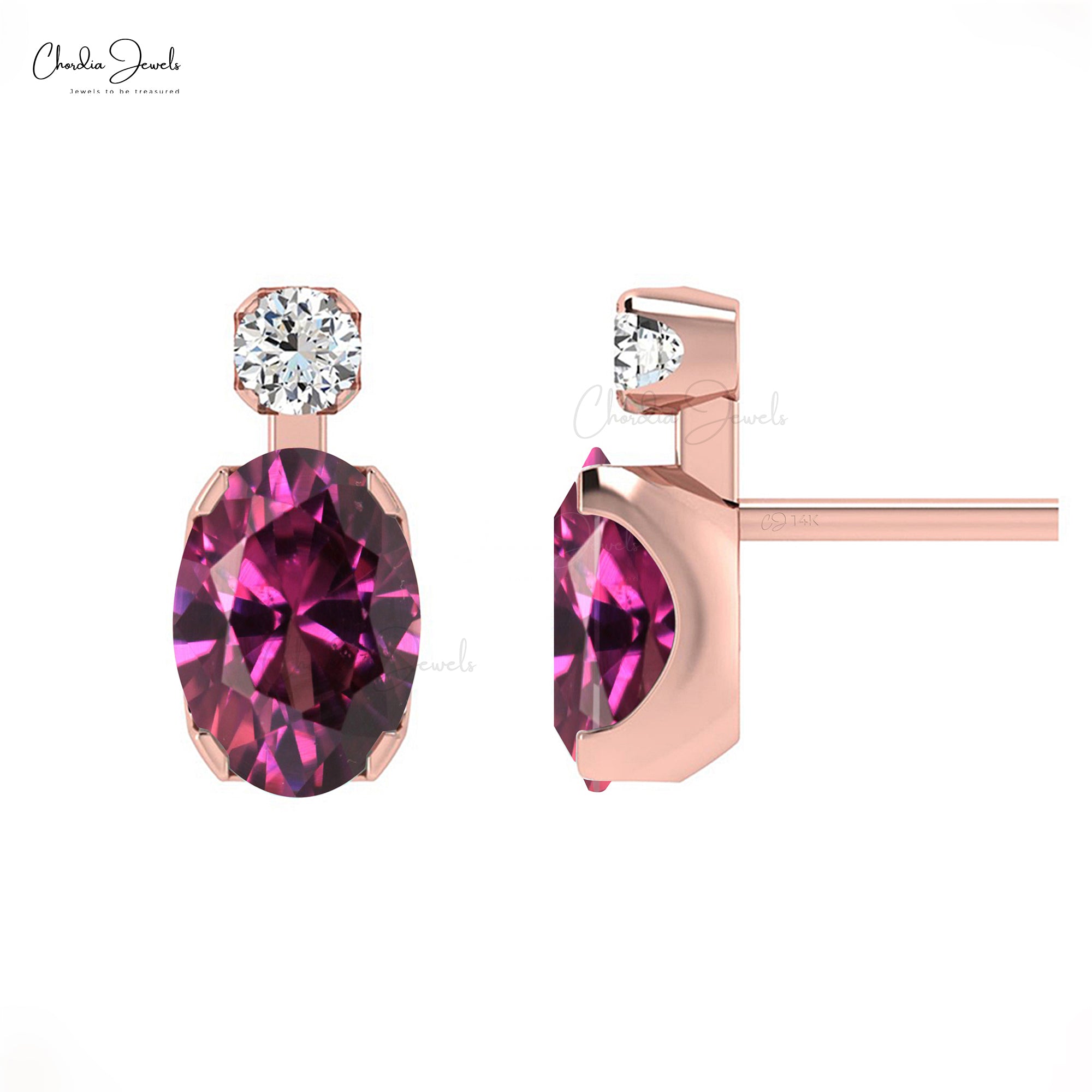 Stunning 14K Solid Gold Oval Cut Rhodolite Garnet Diamond Accented Studs Earrings