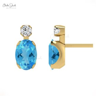 Two Birthstone Earrings In 14k Solid Gold Swiss Blue Topaz And Diamond Handmade Studs