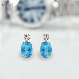 Two Birthstone Earrings In 14k Solid Gold Swiss Blue Topaz And Diamond Handmade Studs
