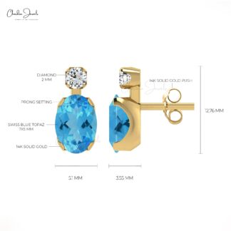 Two Birthstone Earrings In 14k Solid Gold Swiss Blue Topaz And Diamond Handmade Studs