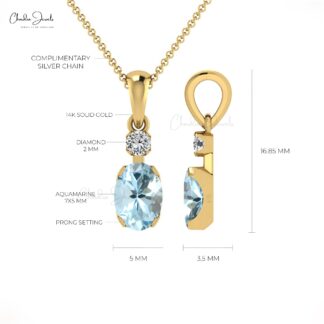 Two Gemstone Pendant With 14k Real Gold Aquamarine And Diamond Dangle Pendant