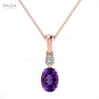 Dual Stone Wedding Pendant In 14k Solid Gold Oval Amethyst And G-H Diamond Pendant
