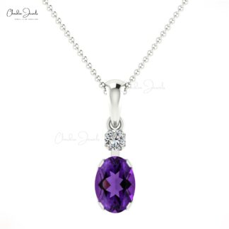 Dual Stone Wedding Pendant In 14k Solid Gold Oval Amethyst And G-H Diamond Pendant