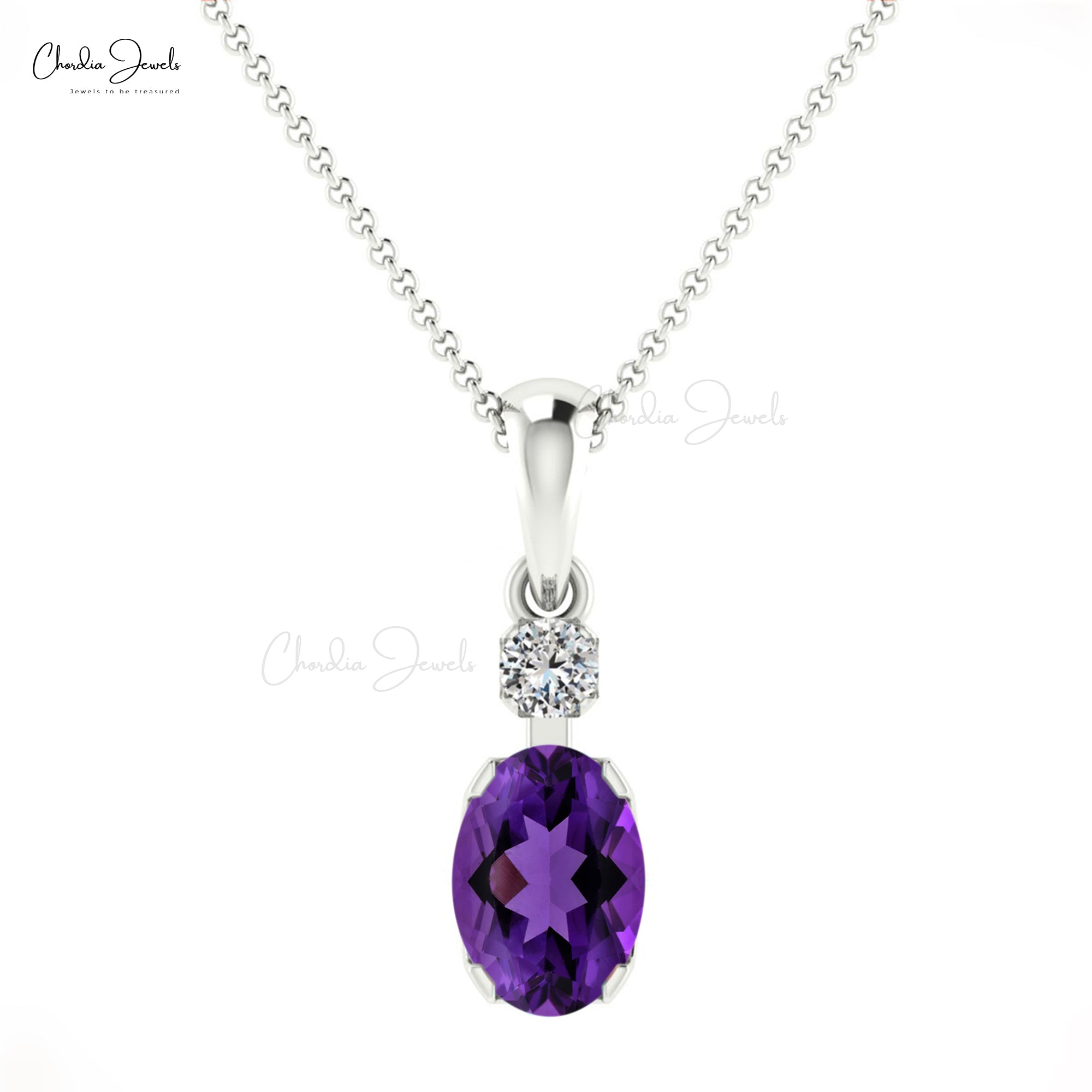 Dual Stone Wedding Pendant In 14k Solid Gold Oval Amethyst And G-H Diamond Pendant