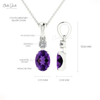 Dual Birthstone Pendant With 0.72 Ct Amethyst G-H Diamond Dangle Pendants In 14k White Gold