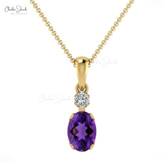 Dual Stone Wedding Pendant In 14k Solid Gold Oval Amethyst And G-H Diamond Pendant