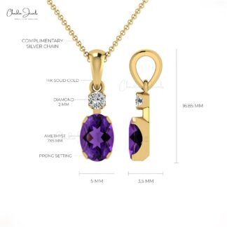 Dual Stone Wedding Pendant In 14k Solid Gold Oval Amethyst And G-H Diamond Pendant