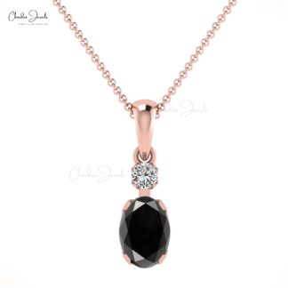 Real 14k Gold Genuine Black Diamond Pendant 0.47 Ct Oval Gemstone G-H Diamond Accented Pendant Personalized Gift For Women