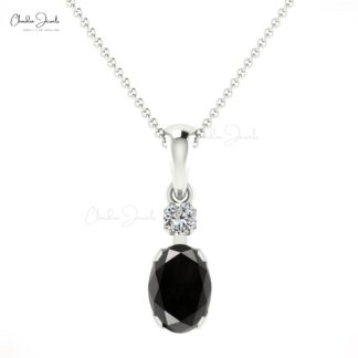 Real 14k Gold Genuine Black Diamond Pendant 0.47 Ct Oval Gemstone G-H Diamond Accented Pendant Personalized Gift For Women