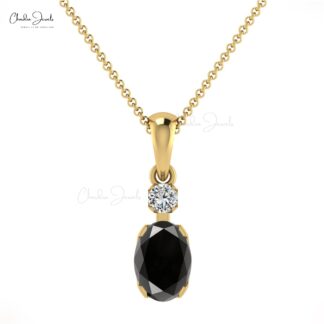 Real 14k Gold Genuine Black Diamond Pendant 0.47 Ct Oval Gemstone G-H Diamond Accented Pendant Personalized Gift For Women