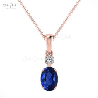 Dainty Diamond 2 Stone Pendant With 0.47 Ct Blue Sapphire 14k Solid Gold Women Necklace